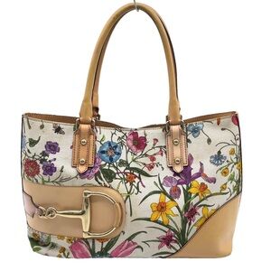 Gucci Horsebit Flora Canvas Leather White Beige Tote Bag